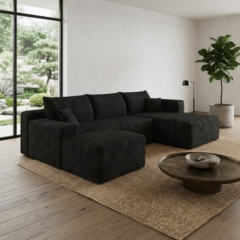 103" U Shaped Cloud Sectional Sofa with Ottoman, Modern Modular Corduroy Fabric Couch with Deep Seat and Chaise, Minimalist Upholstered Corner Sofa for Living Room, Apartment, No Assembly Required