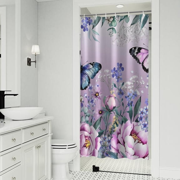Purple Butterfly Flower Butterfly Pattern Shower Curtain 36"x72" ,Bathroom Decorative Shower Curtains Set with 12 Hooks,Modern Waterproof Washable Shower Curtain