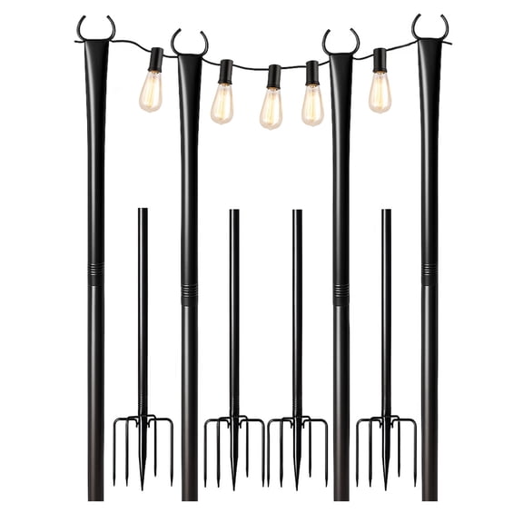 12-15 Foot Black Metal String Light Poles - Steel Bistro Ground Stakes (4 Pack)