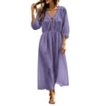 thumbnail image 2 of Karymi Wedding Guest Dresses for Women Solid Bohemian Maxi Dress, Ruffle V Neck Lace-Up Front 3/4 Puff Sleeve Elastic Waist Flowy Beach Vacation Sundress Spring Dresses for Women, 2 of 6