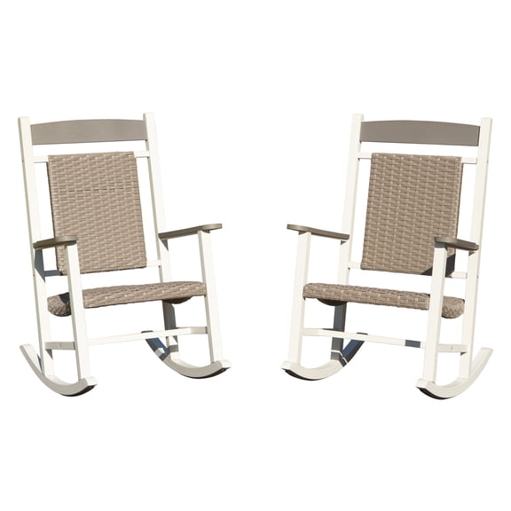 JERFIT Outdoor Rocking Chairs Set of 2, Oversized Patio Rockers with High Back, All-Weather HDPE Wicker for Porch, Garden, Deck, White Gray