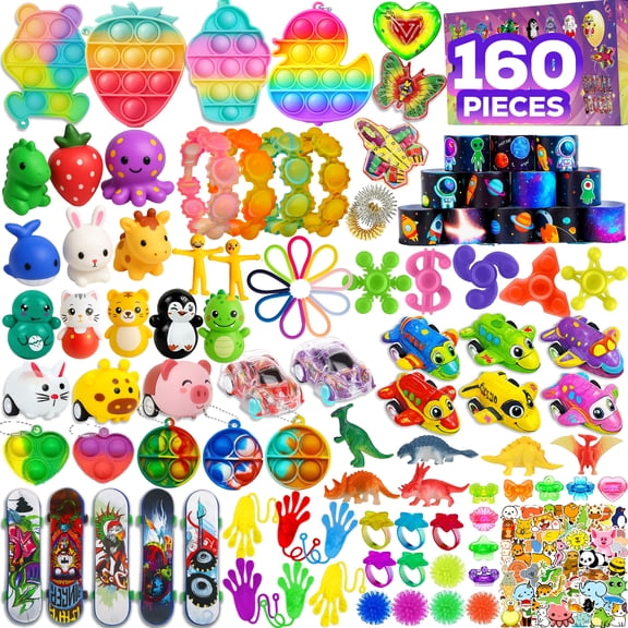160 Pcs Party Favors Fidget Toys Pack, Randomly Selected Pop Sensory Set Gifts Stickers for Kids Adults Boy Girl Stocking Stuffers Autistic Bulk Goodie Bag Filler Treasure Box Classroom Prizes School