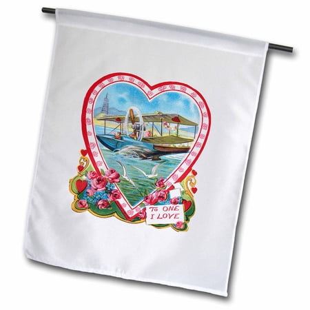 Airplane Taking off from the Water Framed in a Red Heart with Roses 18 x 27 inch Garden Flag fl-170272-2