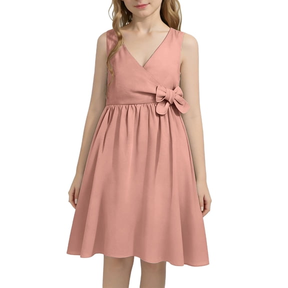 Kids Girl Dress Sleeveless Summer A-Line, Linen Cotton Breathable Kids Sundress with Bow for Party Play, Pink,Size 3-4T
