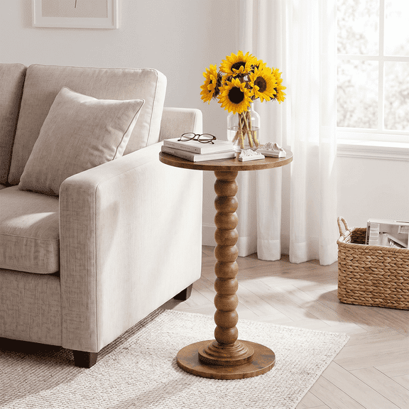 Aidoly Compact Round Side Table for Tight Spaces, Accent End Table with Real Wood Leg, Drink Stand & Nightstand for Living Room, Bedroom, Office – Brown