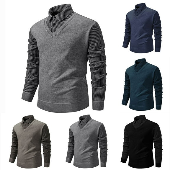 Miluxas Men's Striped Lapel Fake Two-Piece Shirt Long Sleeve, Fake 2-Piece Knitted Shirt, Casual Sweater Polo Shirts Navy