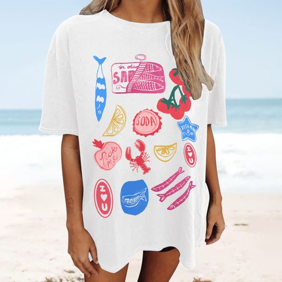 Trendfront Womens Summer Crew Neck Short Sleeve Tops Oversized Loose Fit Funny Graphic Tees Pattern Printed Casual Style T-Shirts