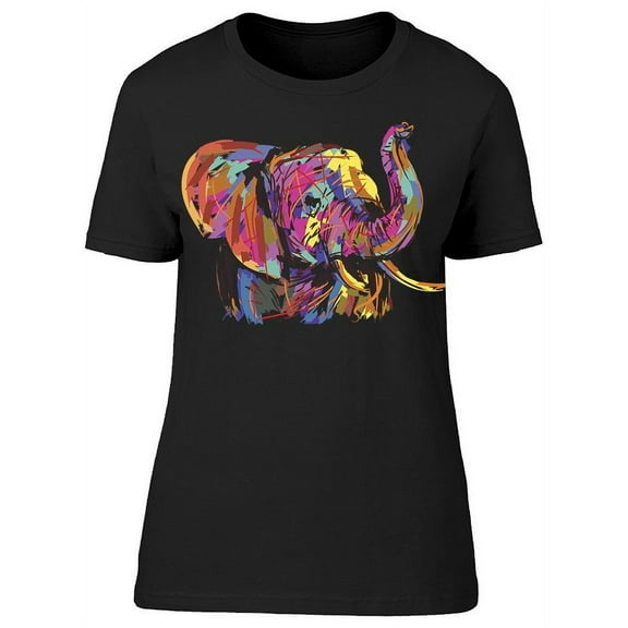 Smartprints Womens Graphic Tee Black - Elephant Colorful Stroked Art 100% Cotton Regular Fit