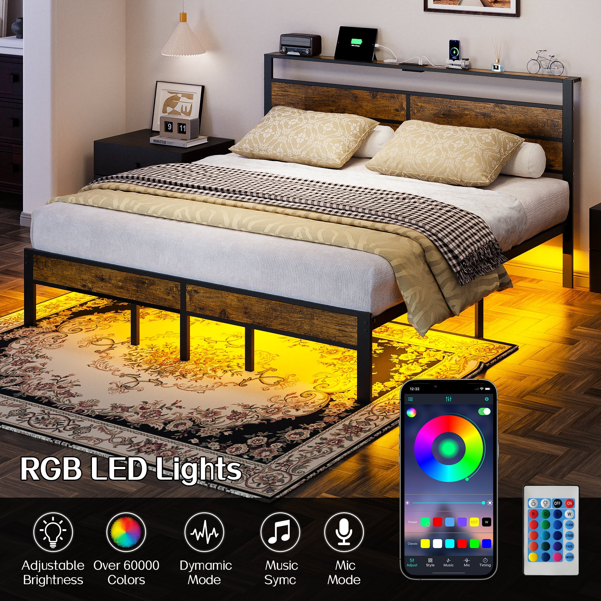 Kbun King Size Bed Frame with Headboard, LED Lights & Charging Station, No Box Spring Needed, Noise-Free, Easy Assembly