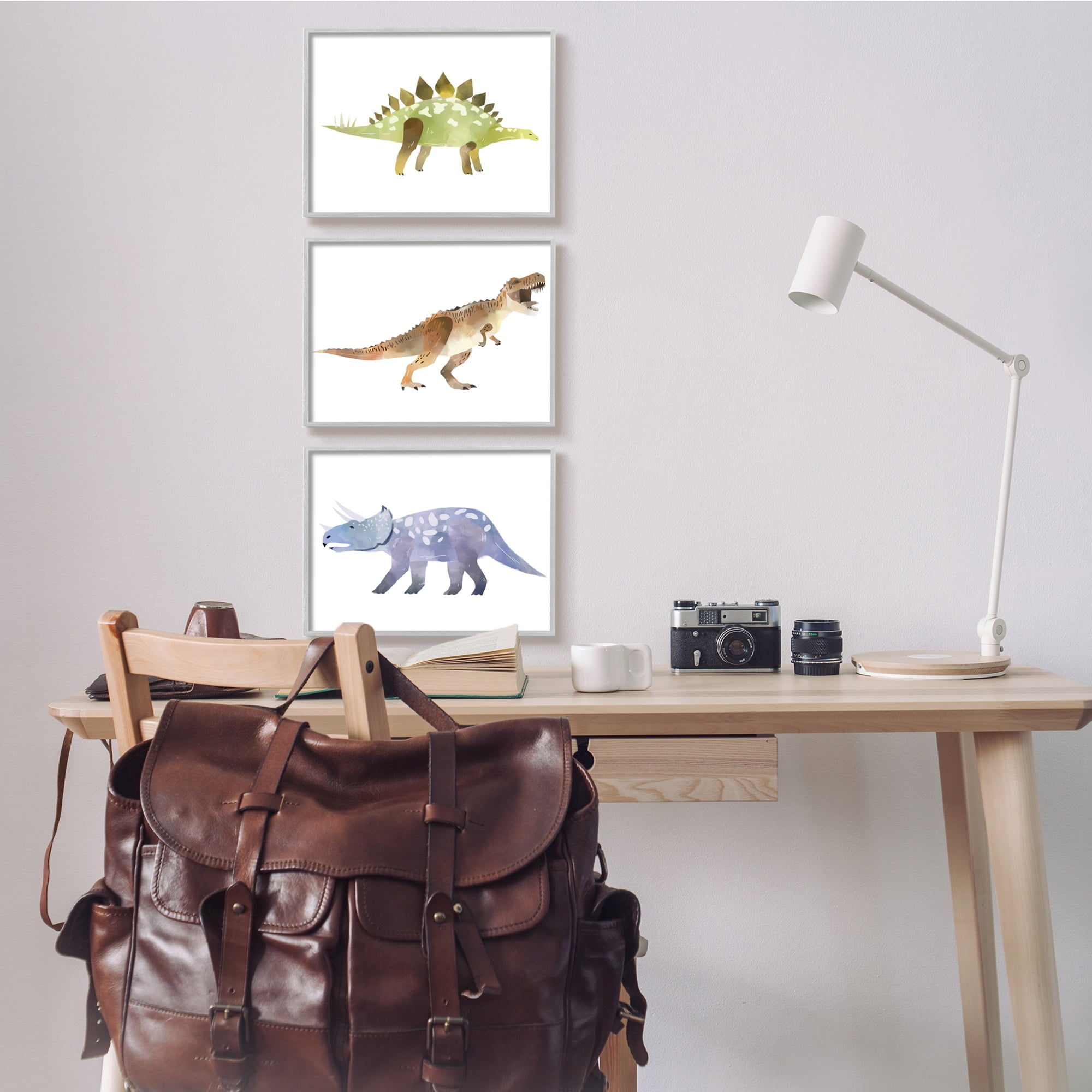 T-Rex Triceratops and Stegosaurus Playful Childrens Dinosaurs 11 in x 14 in Framed Painting Art Prints, by Stupell Home Décor