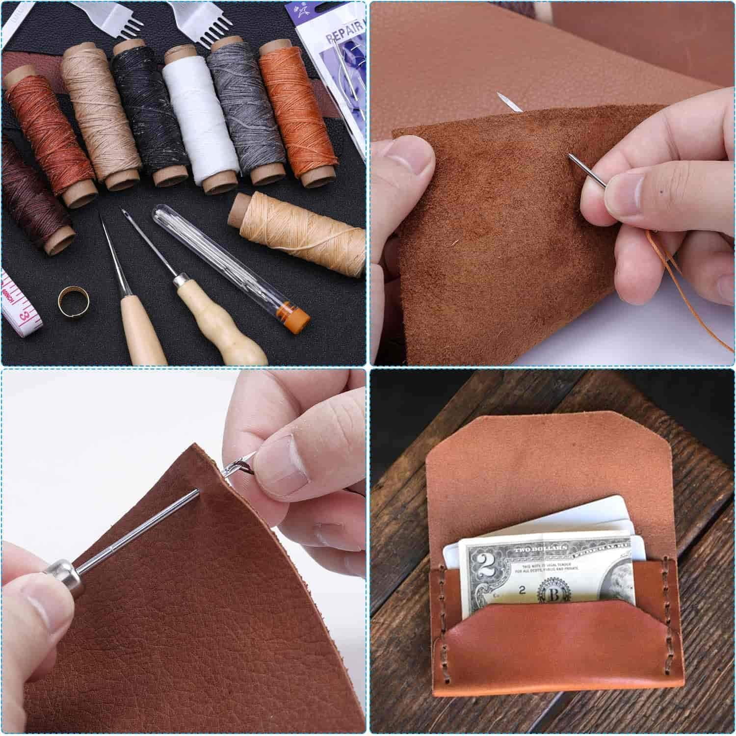 35 Pcs Leather Pouch Kit with Hole Punch, Sewing Tools, Waxed Thread and Large-Eye Stitching Needles for Beginner Crafting Projects