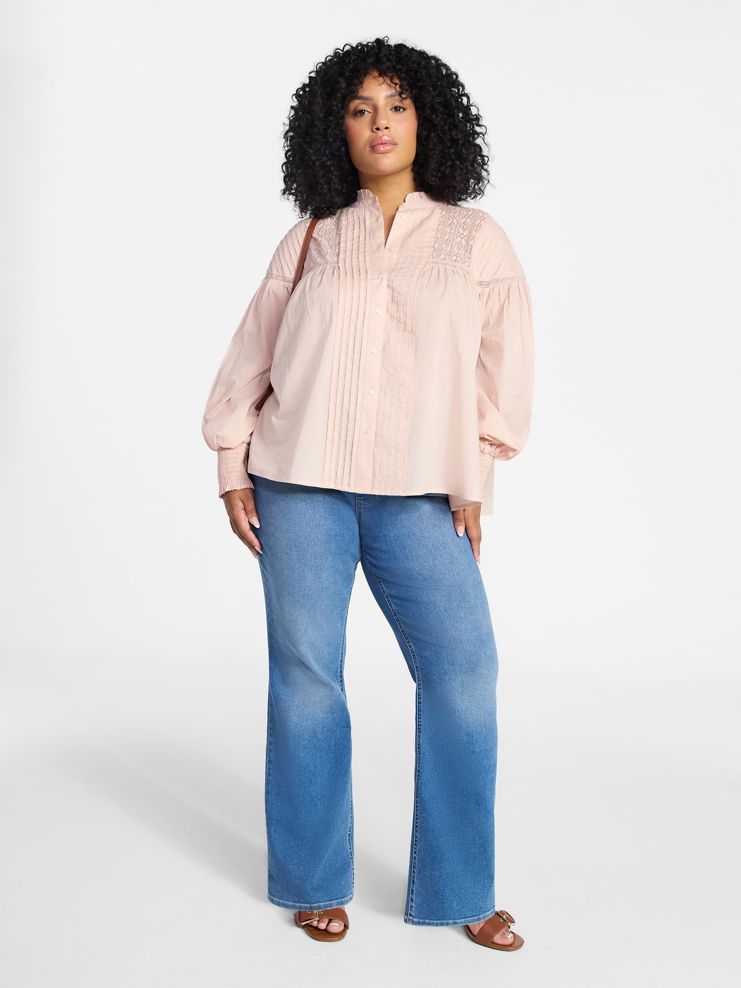 Terra & Sky Women's Plus Size Lace Inset Blouse with Long Sleeves, Sizes 0X-5X