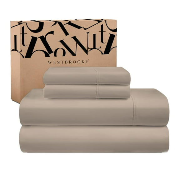 Westbrooke 475TC Lush Sateen 100% Cotton Sheet Set | King Size Sateen Sheets - 4 Piece Long Staple Cotton Bedding Set with Elasticized 15.5" Deep Pocket - Soft, Breathable Luxury Sheets - Light Beige
