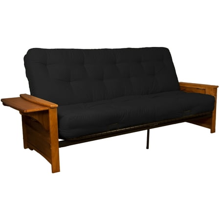 Full Size Sleeper Bed - Bayview Attached End Table 10-inch Loft Inner Spring Futon Sofa Sleeper Bed, Full-size, Medium Oak Arms, Twill Black