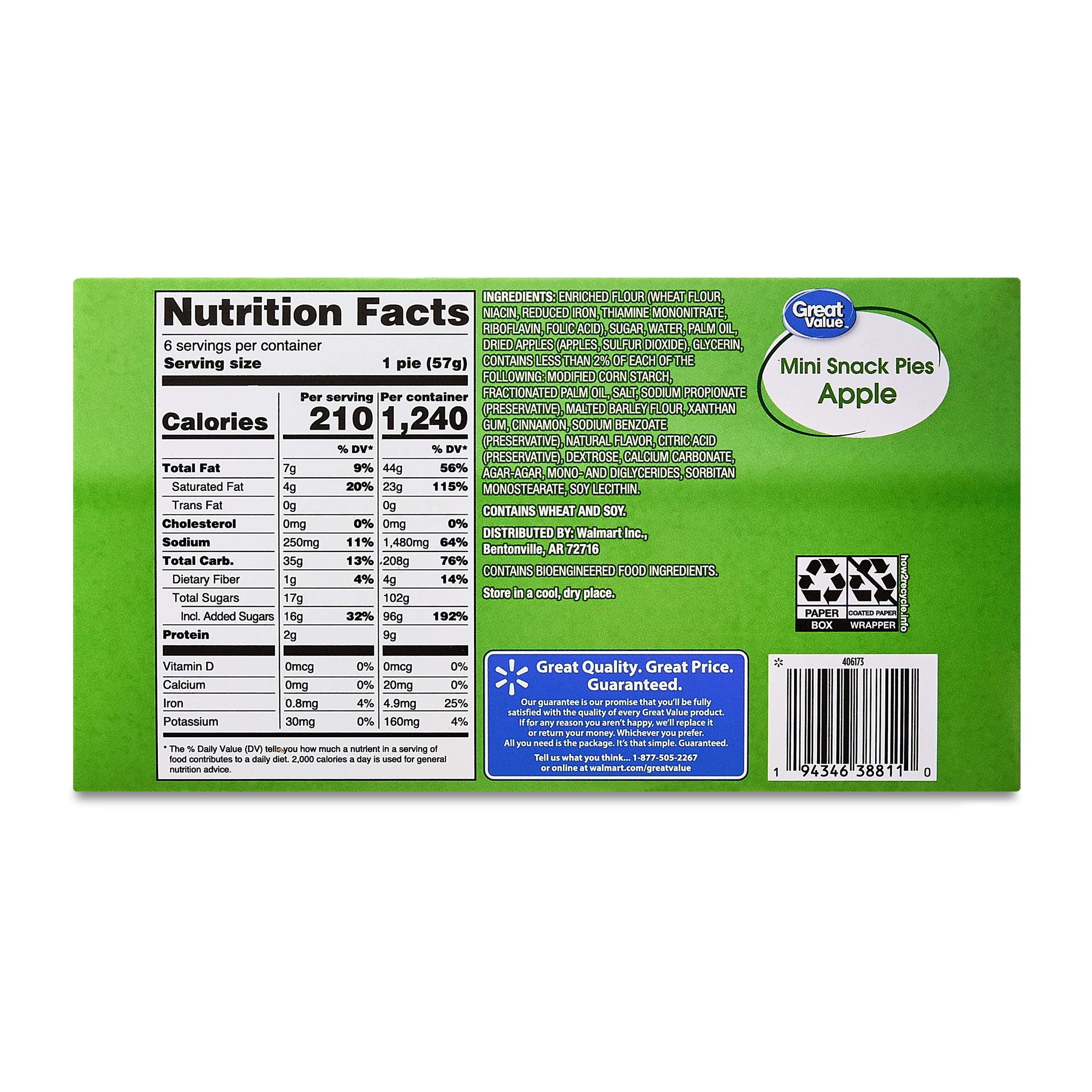 (2 pack) Great Value Mini Snack Apple Flavored Pies, 6 Count