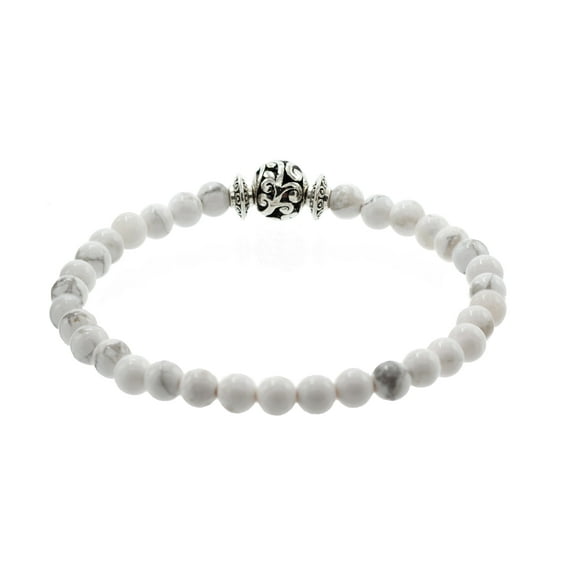 LTC Designs 4mm White Howlite Stretch Bracelet with Silver-tone Centerpiece Accent, 6.5", for Adults