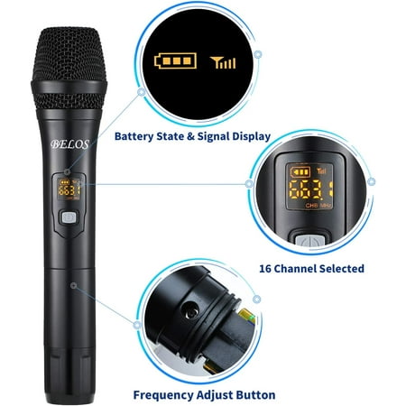 BELOS Wireless Microphone, UHF Cordless Dual Handheld Dynamic Mic System Set with Rechargeable Receiver, 165 ft Range, 6.35mm(1/4'') Plug, for Karaoke, Voice Amplifier, PA System, Singing Machine, DJ