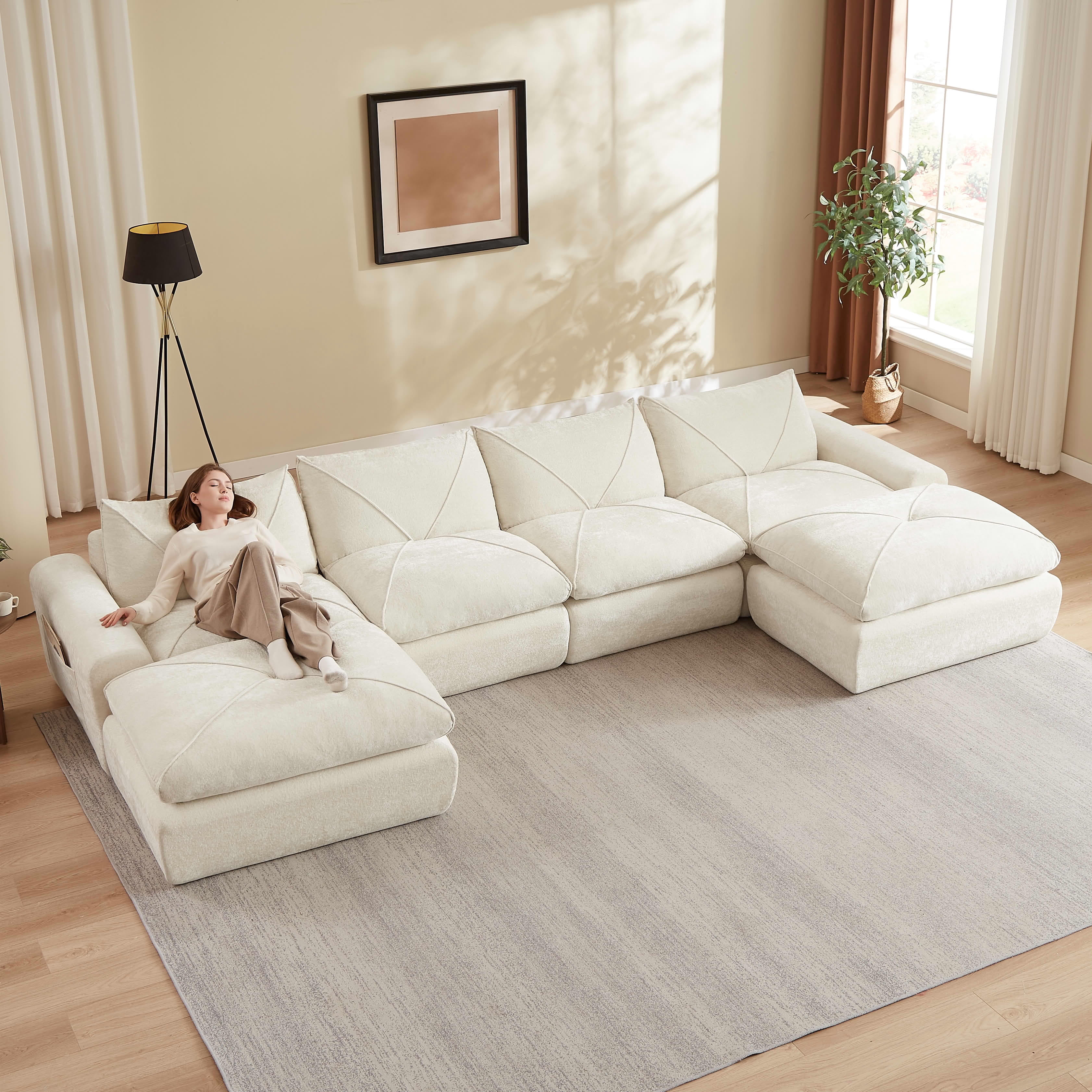 MAYEERTY 153" Cream Chenille Oversized U-Shaped Modular Sectional Sofa, 300lbs Spring Support for Living Room