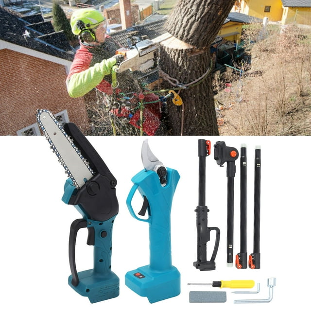 Mini Scie à Chaîne Sans Fil, Interrupteur de Sécurité pour Sécateur Électrique avec Perche d'Extension pour Jardin