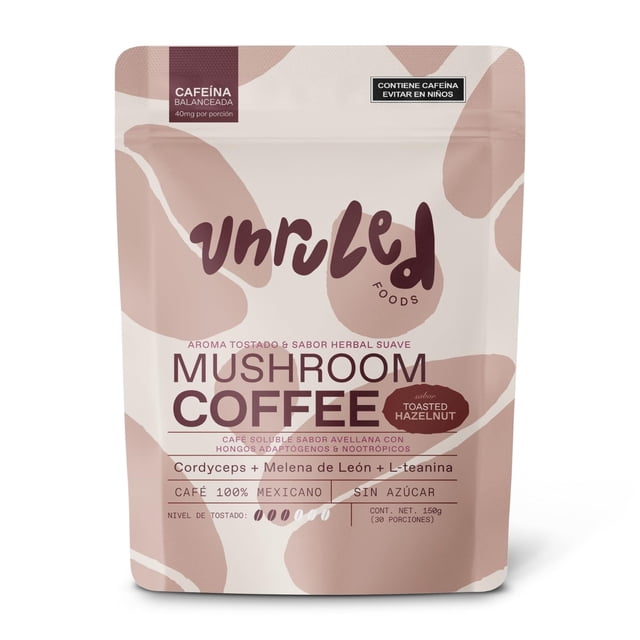 UNRULED - Mushroom Coffee | Cafe con Hongos Adaptógenos Sabor Avellana | Melena de León, Cordyceps y L-Teanina | 30 Porciones de 5g Cada Una. Suficiente para 1 mes | Incrementa t