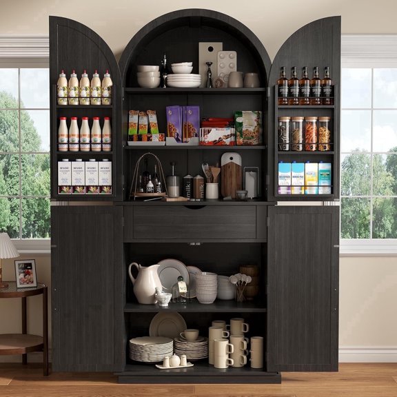 Virans 71" Arched Pantry Cabinet,6-Tier Large Storage Cabinet with 2 Doors,Adjustable Shelves & Drawer for Living Room,Dining Room,Kitchen,Black