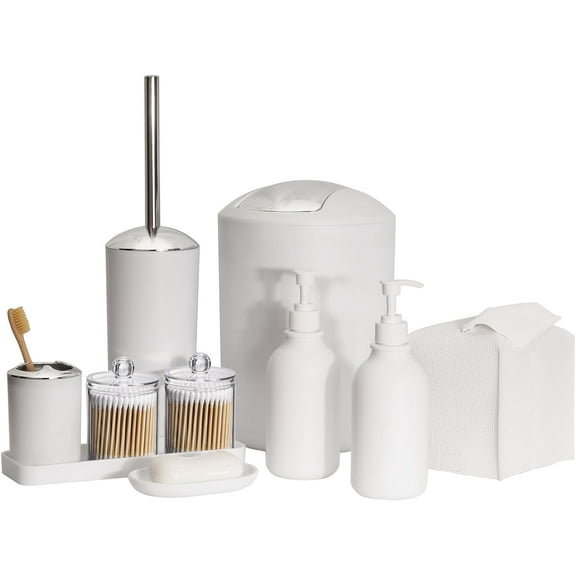 10 PCS White Bathroom Accessories Sets Complete with Trash Can, Toothbrush Holder, Soap Dispenser, Soap Dish, Toilet Brush & Holder, Vanity Tray, Qtip Holder, Tissue Box Cover