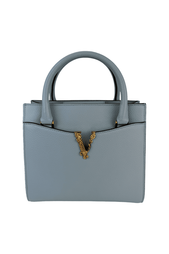 Pre-Owned Versace Virtus Top Handle Grained Calfskin Light Blue Tote