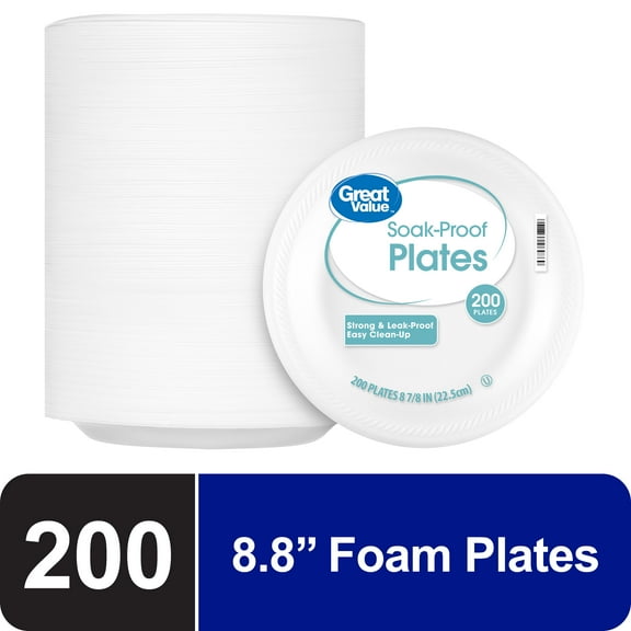 Great Value Soak-Proof Disposable Round Foam Plates, 8.8 in, 200 Count