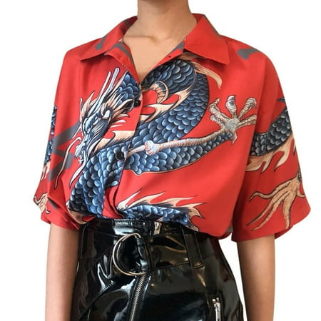 

Women Turn Down Collar Shirt Flying Dragon Printed Tops Casual Loose Button Dwon T-Shirt Blouse Trendy Novelty Cute Tunic Casual Blouse Tee Shirt Top for Women