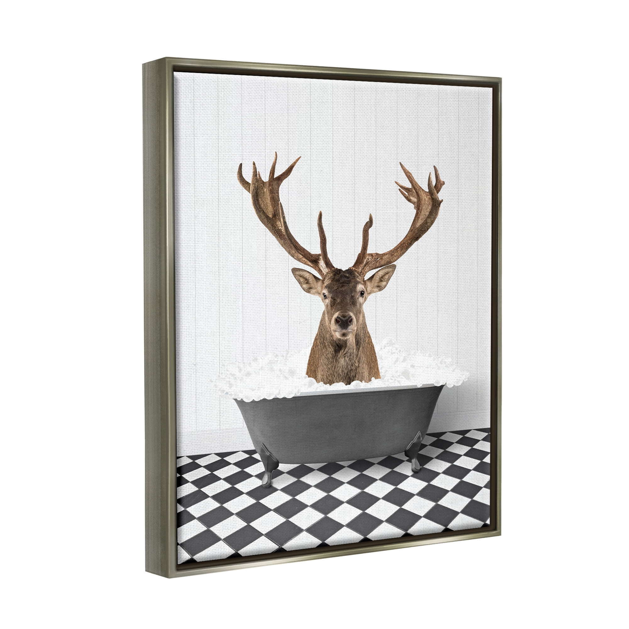Stupell Industries Deer in Vintage Bathroom Animals & Insects Painting Gray Floater Framed Art Print Wall Art, 25 x 31