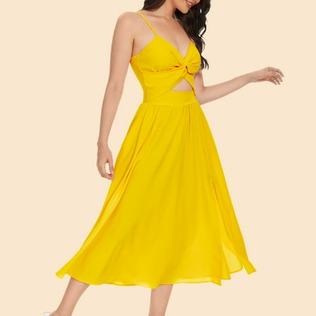 Usdian Graduation Dress V-Neck Sleeveless Casual Dresses Beach Dresses for Women Summer Dresses for Women Plus Size Summer Dresses Active Solid for Outdoor Yellow M Clearance only One Month