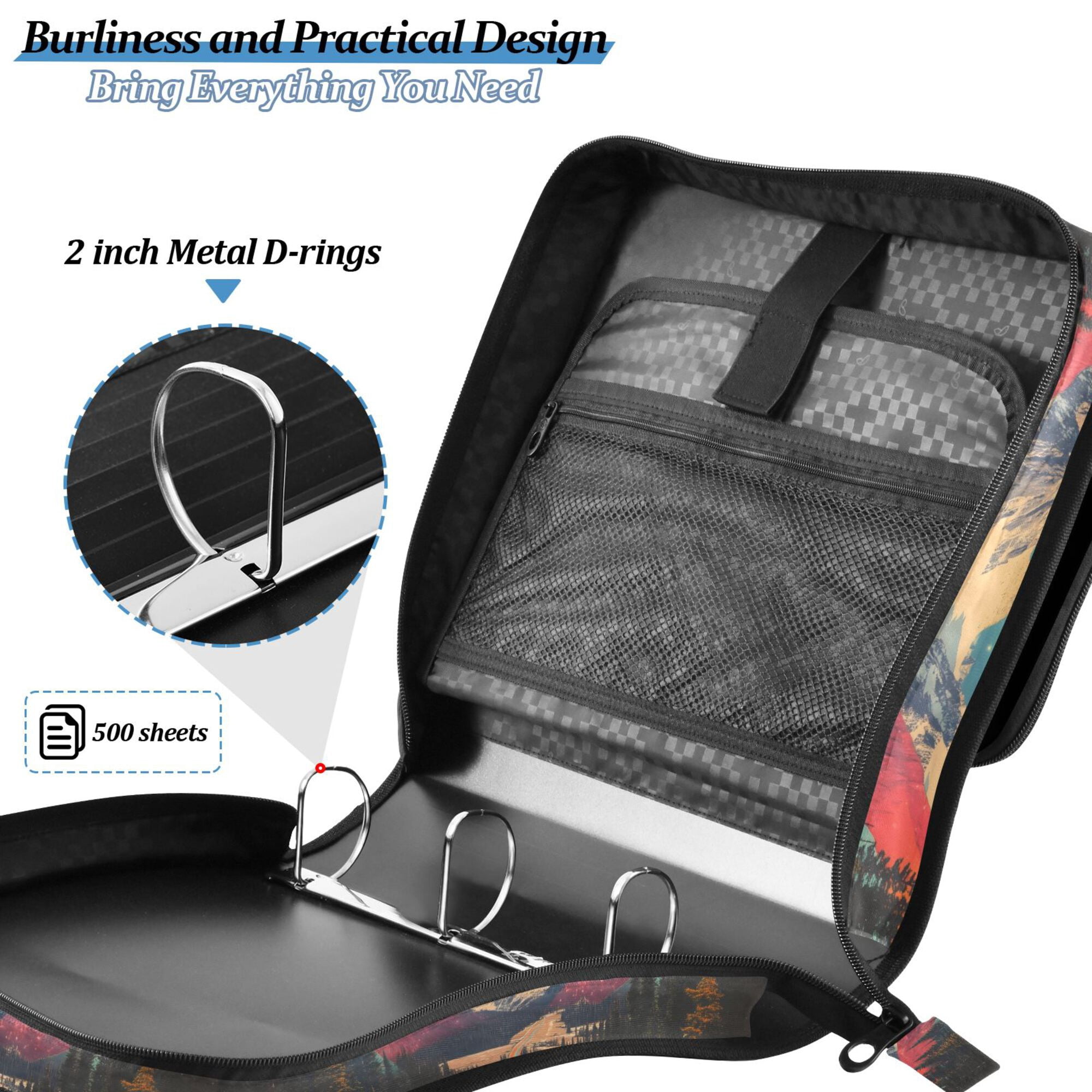 FORMRS Zipper Binder with Shoulder Strap 2-inch Ring 500 Sheet Capacity File Bag, Colorful Road