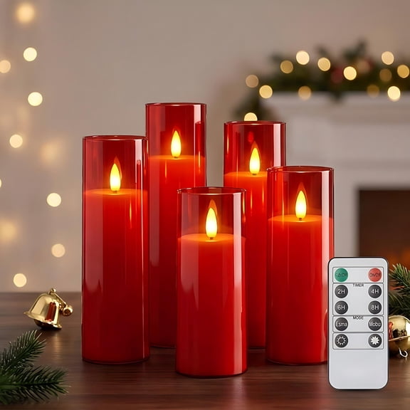 Goyuon 5 Pack Red Flameless LED Cylindrical Candles with Remote Control & Timer, Realistic Flickering Flame, Battery Operated for Weddings, Home Decor & Party