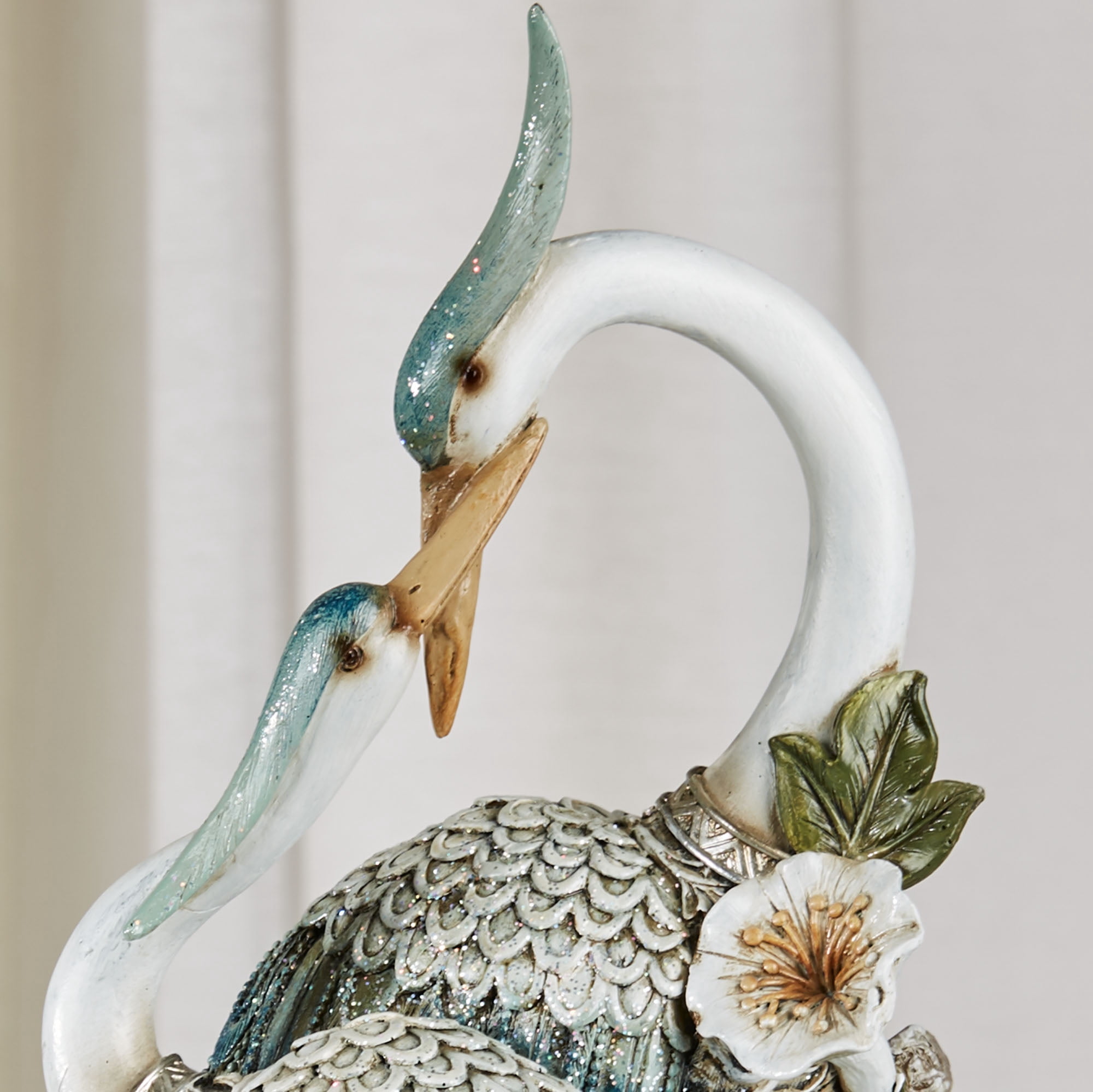Devoted Cranes Table Sculpture Teal - Made of Resin Coastal Shorebirds - Diamond Mirror Insets, Glitter Accents - Flowers, Vining Leaves Base - Measures 5 Inches Wide, 16 Inches High