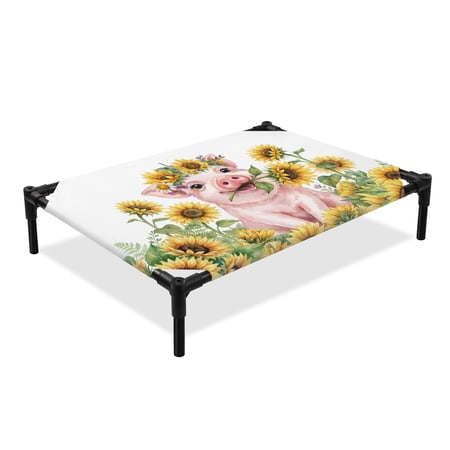 Sunflower Pig Elevated Dog Bed Country Oil Painting Yellow Floral Pig Cooling Breathable Outdoor Raised Dog Cot Bed with Metal Frame Non-Slip Feet for Medium Dog 24x20in