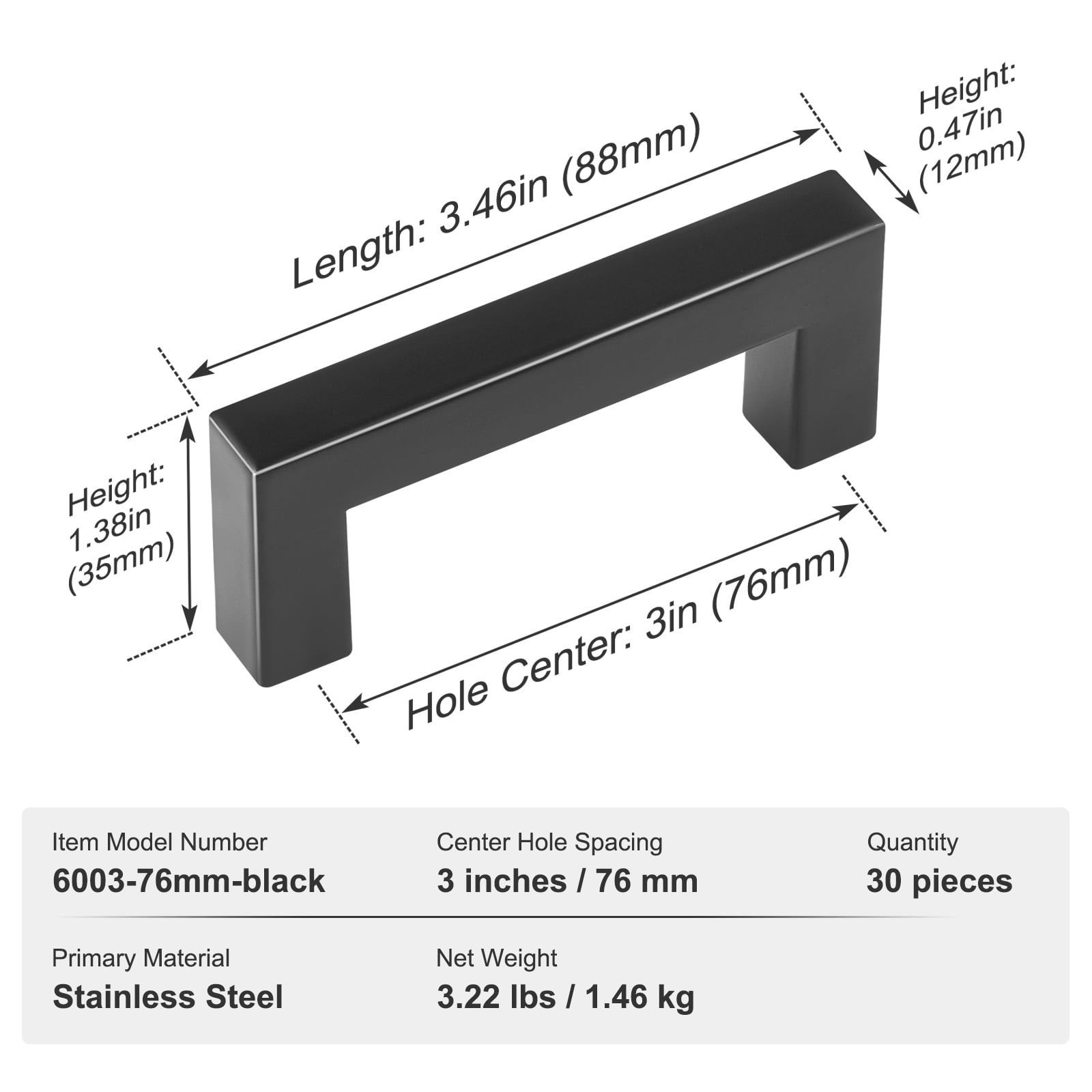 VEVOR 30 Pack Stainless Steel Kitchen Square Cabinet Handles Pulls 3in / 76mm