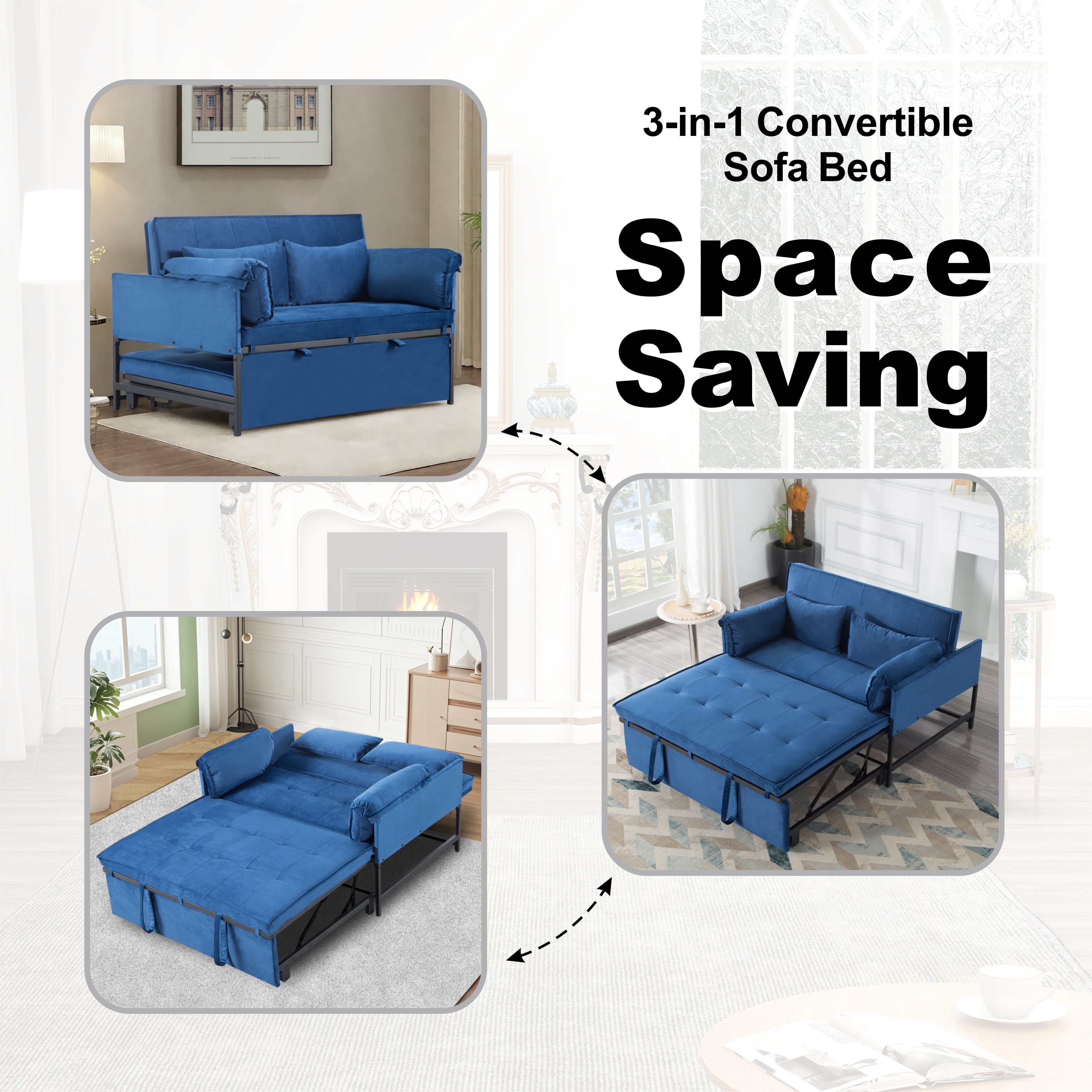 Gewnee 46"3 in 1 Convertible Sofa Bed,Pull-out Sleeper with 5 Reclining Positions for Living Room,Apartment,Velvet Navy Blue
