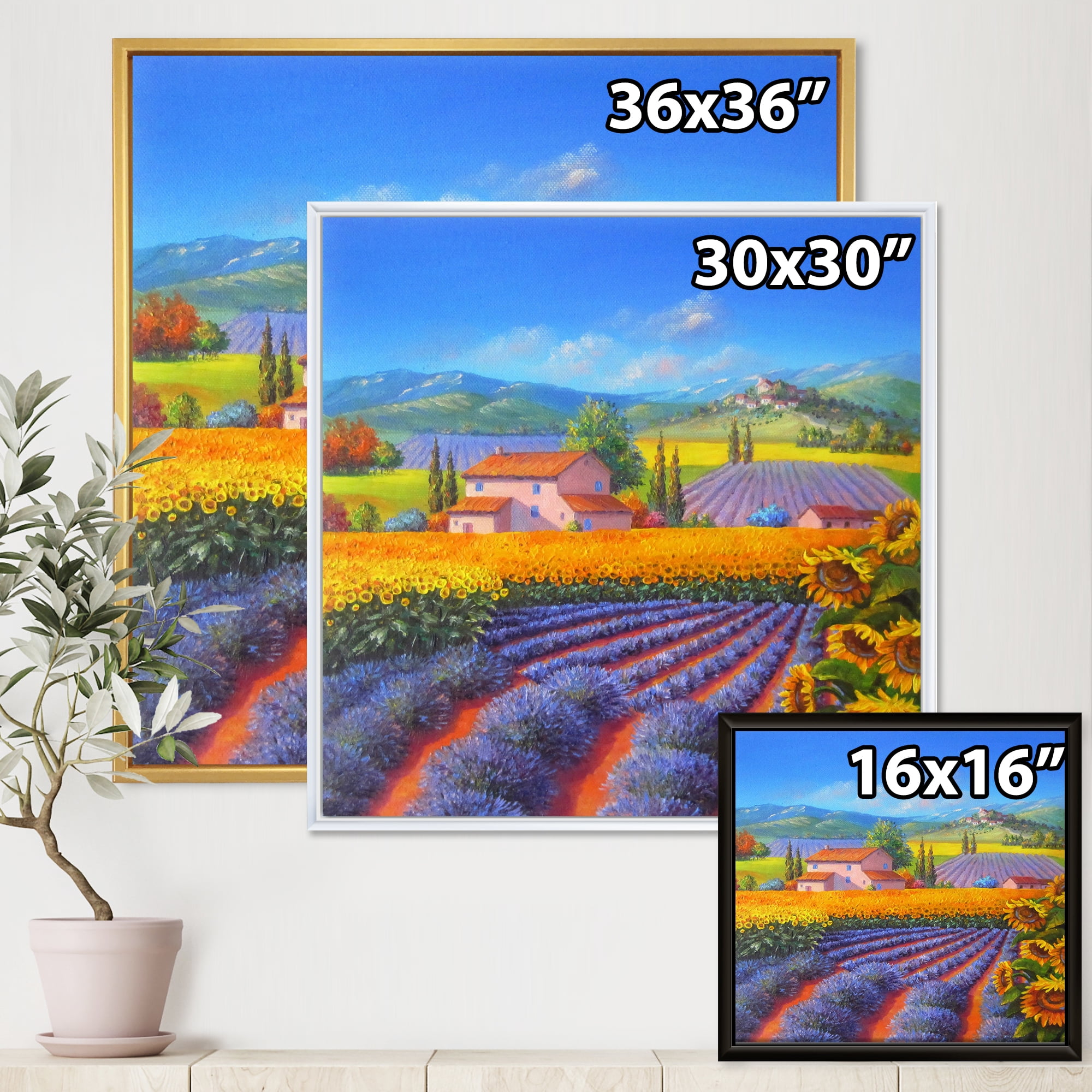 Designart 'Sunflower and Lavender Fields' Traditional Framed Canvas Wall Art Print