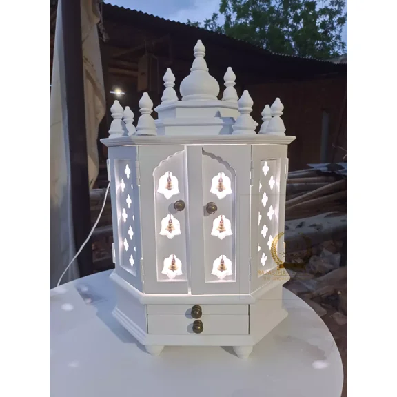 Hand Crafted Wooden Temple, White, with LED LIGHTS
