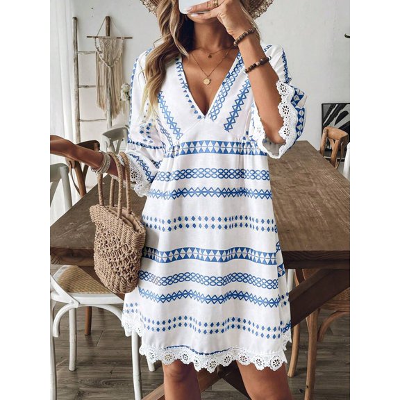 Women Striped V-Neck Geometric Pattern Casual Vacation Mini Dress with Lace Trim