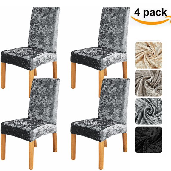 Pack of 4 Crushed Velvet Chair Covers for Dining Room Chairs, Chair Slipcovers for Hotel Dining Room Ceremony Banquet Wedding Party Decor, Dark Gray
