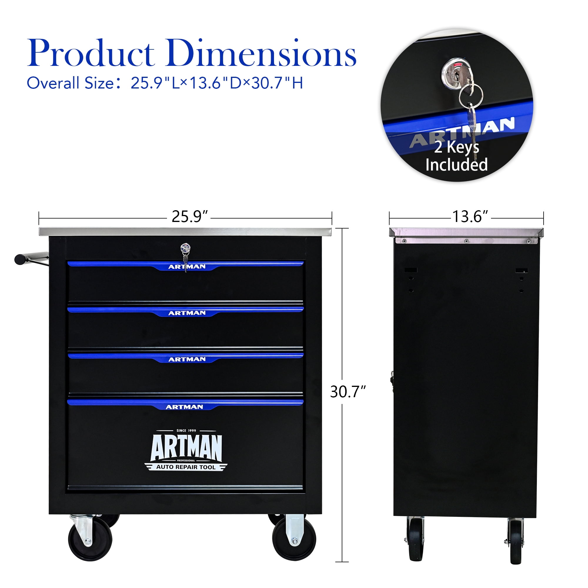 POVANLi 4 Drawers Multifunctional Tool Cart with wheels,Key Locking and 4 Toolbox On Wheels, Metal,Suitable for Garages,Warehouses,Workshops,Repair Shops(Black+Blue)