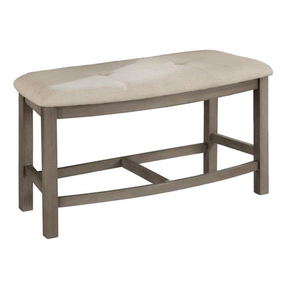 Rustic Gray Wood Counterheight Dining Bench in Beige Linen Fabric