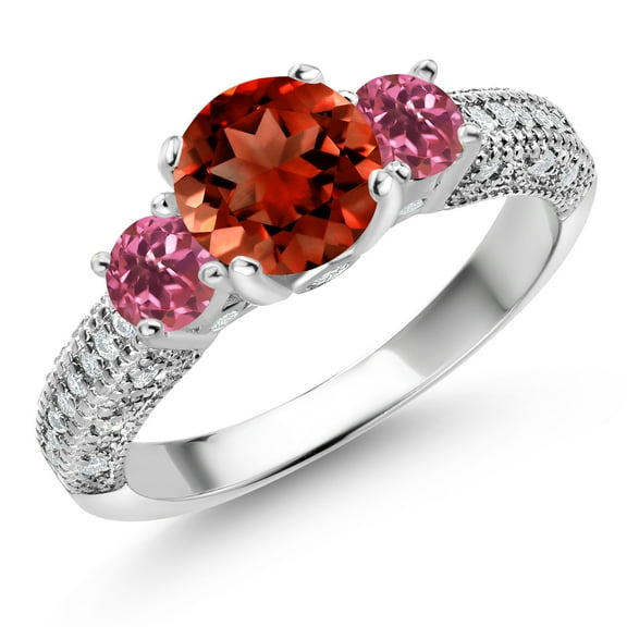 Gem Stone King 925 Sterling Silver Red Garnet Pink Tourmaline and White Moissanite Engagement Ring for Women (2.08 Cttw, Gemstone January Birthstone, Round 7MM and 4MM, Size 7)