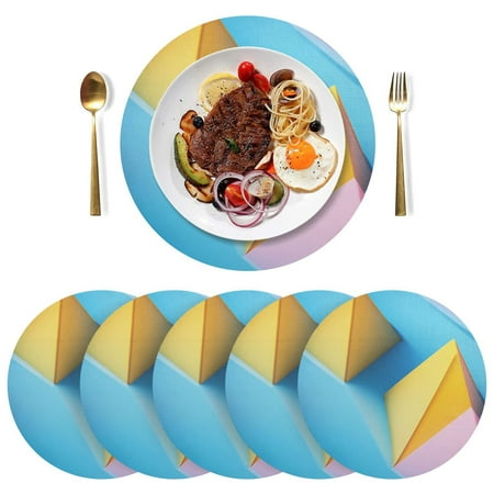 

Round Placemats Plate Mats 15 Inch Non-Slip Heat Resistant Washable PVC Set Table Decoration for Kitchen Dining Yellow and Pink Triangles Placed