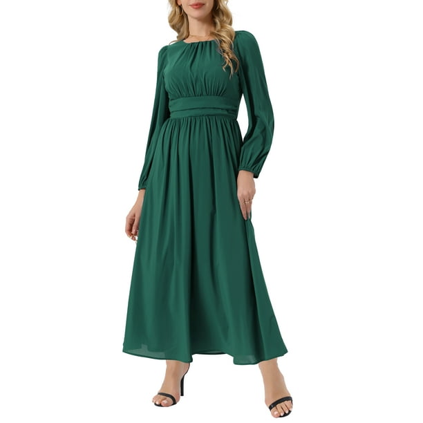 INSPIRE CHIC Vestidos de Mujer Cuello Redondo Mangas Largas de Linterna Vestido Maxi Formal de Chifón S Verde Oscuro