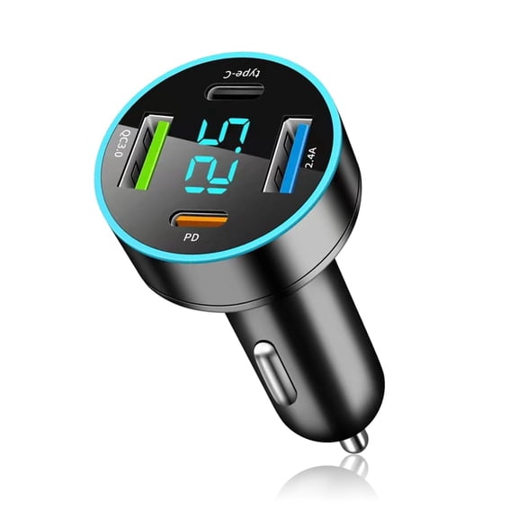 LujingZ 4 Ports Fast Car Charger Upgrade Voltmeter Display PD QC3.0 USB C Car Charger Compatible with 12-24V Cigarette Lighter Plug iPhone Android Samsung iPad