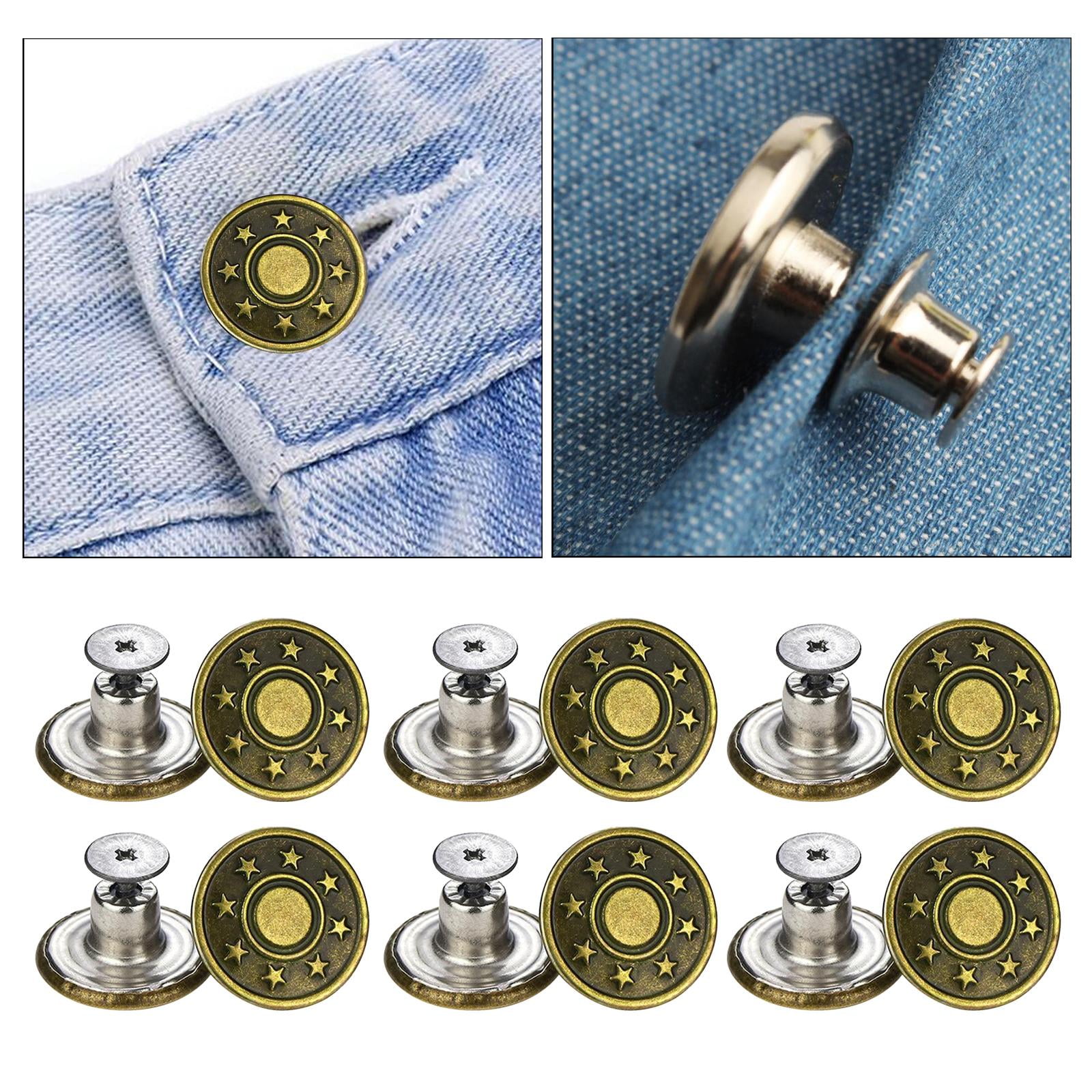 Jean Buttons Pins, 9 Pcs Adjustable Pants Button Tightener, 17mm No Sew  Metal Instant Buttons Replacement to Size Down Waist (Silver/Bronze) 