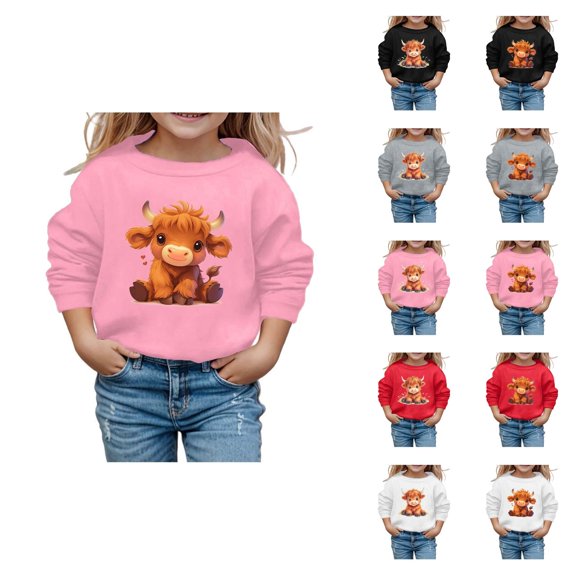 Cute Highland Cow Sweatshirts for Girl 2025 Long Sleeve Crewneck Christmas Graphic Sweatshirt Kids Pullover Tops