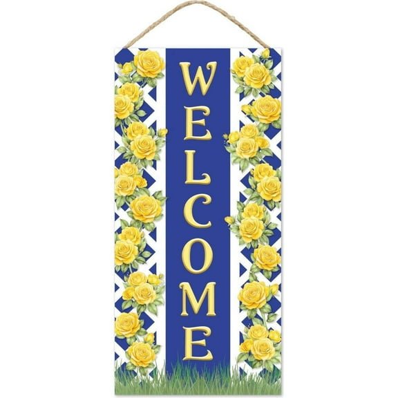 12" Welcome Blue Yellow Trellis Rose Sign